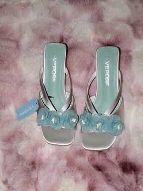 VEPOSE Satin Slide Sandals with Blue Floral Accent